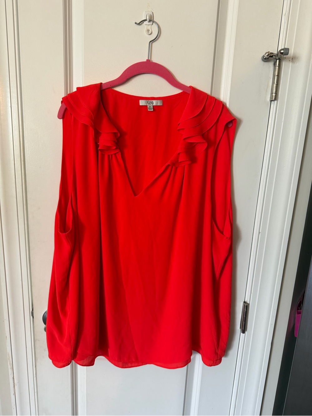 Q&A Coral Red V-Neck Ruffle Sleeve Blouse